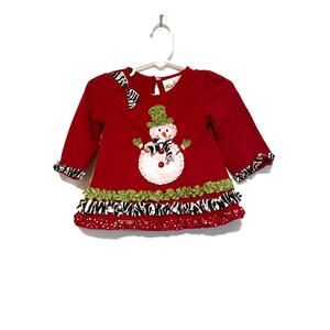 Rare Editions red embellished snowman shirt long sleeve top ribbon ruffles 9mo